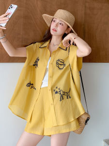 Yellow Salt Series Womens Summer 2025 New Sweet Cool Style Short Pants Two-Piece Set Sun Protection Embroidered Shirt