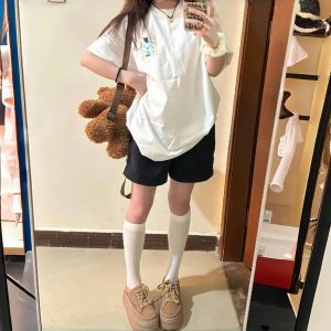 Quần Short Cotton Cạp Cao Màu Đen Phong Cách Mỹ Thường Ngày Cho Nữ Mùa Hè Quần Ống Rộng Chữ a Cạp Chun Dài 5 Inch