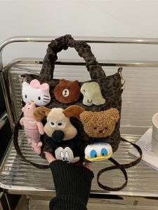 Trendy Cartoon Dog Toy Handbag Womens 2024 New Fashion Leopard Print Canvas Crossbody Bag Versatile Diagonal Tote Bag