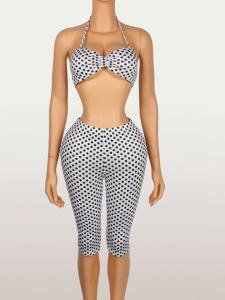 Beyprern Polka Dot Print 2 Piece Set Women Summer Outfits Halter Backless Crop Top and Bodycon Biker Shorts Matching Set