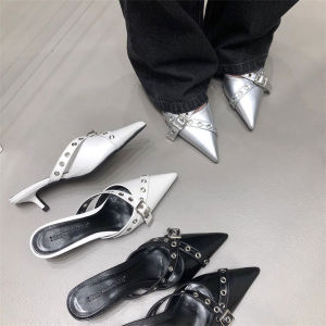 รองเท้าแตะส้นสูงสำหรับผู้หญิง สไตล์มินิมอล ทรงหัวแหลม สายรัดแบบเข็มขัด รองเท้าแตะกลางน่อง สวมใส่สบาย ระบายอากาศได้ดี