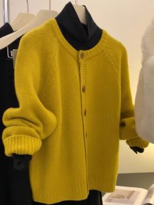 Raccoon Velvet Soft Glutinous Sweater Outwear Female 2023 Fall and Winter French Retro Mustard Yellow round Neck Knitted Cardigan Top