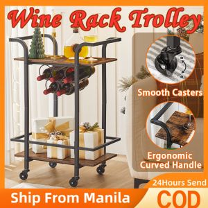 Matel Wine Cart Trolley With Wheels 2 Layer Bar Cart Trolley With Bottle Organizer Wood Storage Rack Cart Relax Serving Dining Car For Bar Kitchen Room Restaurant Living Room Party Bar Drinks Trolley Relax Dining Car Kitchen Trolley