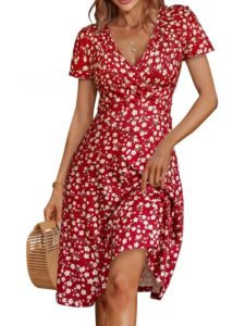 ชุดเดรสพิมพ์ลายดอกไม้ขนาดเล็กแฟชั่นฤดูร้อน กระโปรงทรงเอ แขนสั้น เอวกลาง คอวี ชุดเดรสยาวปานกลาง เดรสสั้น