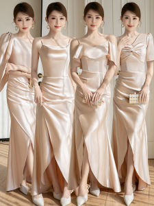 Champagne Color Maids Dress Satin Fabric Womens Fashionable Long Sleeve Pearl Embellished mid Waist Belted Gown for Wedding Party
