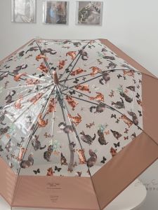 Transparent Umbrella Long Handle Cat Oil Painting Automatic Sunshade Waterproof UV Protection Cartoon Design Home Daily Use