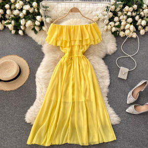 IELGY Womens ruffled off-the-shoulder waist-length chiffon holiday dress