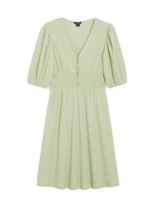 ชุดเดรสยาวปานกลางเอวสูงแขนสั้นทรงเข้ารูปฤดูใบไม้ร่วง MK Pure Color V-neck Slim Fit ผ้าโพลีเอสเตอร์ 99% ยางยืด 1%