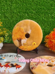 (Kèm kệ) Đồng Điếu may mắn phong thủy vẽ tranh trên đá đường kính 15.5cm