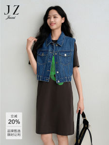 Stylish Retro Denim Jacket Womens Summer New JUZUI Jie Rui Short Outerwear POLO Collar Single Button Closure Cotton Lyocell