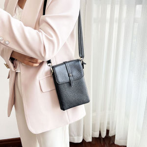 Womens Soft Leather Single Shoulder Bag Crossbody Phone Pouch Vertical Mini Walking Bag Belt Decoration Korean Style