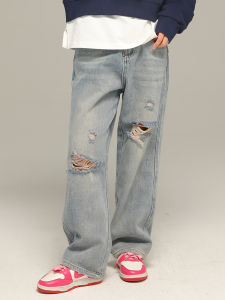 กางเกงยีนส์เด็กผู้หญิงขาดๆ ทรงตรง กางเกงขายาวทรงหลวมสบาย ๆ สำหรับเด็กผู้หญิง ฤดูใบไม้ผลิและฤดูร้อน คอลเลกชั่นแฟชั่นฤดูใบไม้ผลิและฤดูใบไม้ร่วง
