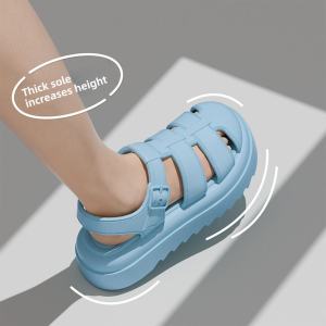 Thick Heel Sandals Womens Fashionable Summer EVA Anti-slip Beach Holiday Shoes Slip-On Flat Roman Shoes Pure Color Korean Style
