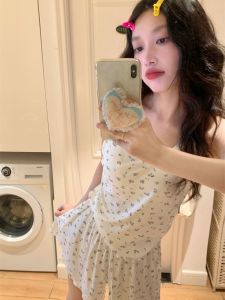 สไตล์เกาหลี ลายดอก ชุดนอน ชุด ผู้หญิง ฤดูร้อน เสื้อผ้าใส่ในบ้านสลิงแขนสั้น เสื้อท่อนบน มีแผ่นรองหน้าอก Pure ผ้าฝ้าย กางเกงขาสั้น