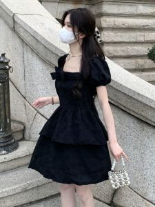 Summer New Arrival Retro Puff Sleeve Black Tulle Tutu Dress Female Fancy Hepburn Style Bows Cinched Short Dress