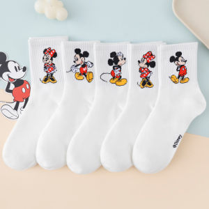 Disney | 5 Pairs of Korean Casual Womens Ankle Socks With Disney Mickey and Minnie Cotton Printed Cartoon Pattern Mid Tube Socks