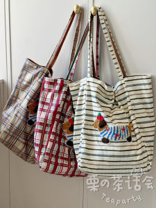 Retro Korean Style Plaid Canvas Tote Bag Large Capacity Single Shoulder Bag for Students Commuting And Class in 2024