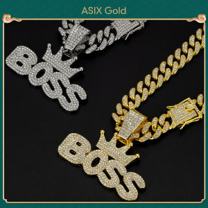 ASIX GOLD Hip Hop Crown BOSS Pendant Full Diamond Cuban Chain Necklace For Men Cool Guy Lucky 916 24K 18K Gold Plated Tarnish Free Waterproof Hypoallergenic Perfect Gift