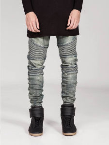 มอเตอร์ไซค์เรโทรพับ เดนิม กางเกง สไตล์ Kanye ยืดได้ สลิมฟิต ดินสอ กางเกง อ่อนเยาว์ อินเทรนด์ ผ้าฝ้าย ยืด กางเกงยีนส์ สําหรับผู้ชาย