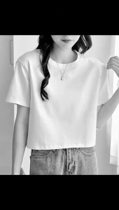 Plain Tshirt Oversized Cotton Crop Top Basic Shirt Solid Color Round Neck Tops for Womens 12Color