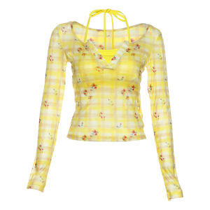 เสื้อยืดคอกลมแขนยาวทรงสลิมฟิตผ้าตาข่ายลำลองสำหรับผู้หญิง เสื้อผ้ากีฬา แฟชั่นสตรีท สไตล์ยุโรป ไม่มีแบรนด์