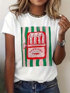 Womens Sardines Fish Retro Graphic T-Shirt - Short Sleeve Crew Neck Casual Summer Top Print for Beach Outfits & Casual Attire