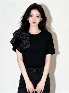 SHUAIYUE | Áo Thun Elegance Tay Ngắn Trang Trí Hoa 3D Màu Đen