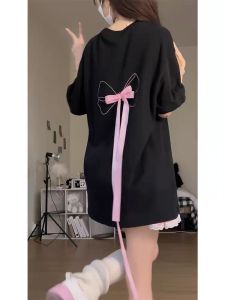 Loose Fit Cotton T-Shirt Womens Short Sleeve Butterfly Knot Design Summer Sweet Cool Style College Girls Printed round Neck