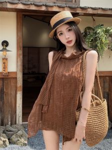 GUZILIAN | Korean Style Gentle Grid Textured Sleeveless Spaghetti Strap Blouse