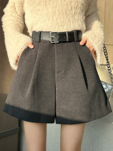 กางเกงขาสั้นผ้าขนสัตว์ทรงเอเอวสูงสำหรับผู้หญิง กางเกงขายาวทรงหลวมสบาย ๆ ฤดูใบไม้ร่วง/ฤดูหนาว กางเกงขายาวทรงหัวใจสำหรับใส่ไปทำงาน