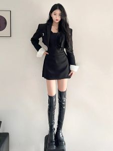 Slightly Oversized Girls Adult Lady like Woman Fancy Black Suit Skirt Womens Spring plus Size Short Inner Wear Suspender Skirt Two-piece Set