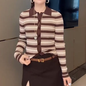 UYFY | Slim Fit Knitted Cardigan Womens Fashionable Casual Striped Open Front Autumn New Style Coffee Color Collar Long Sleeve Top