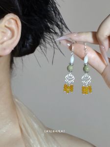 Original Chinese Style Natural Agate Tassel Earrings S925 Alloy Silver Plated Gold Plated Floral Pattern for Women