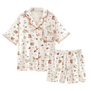 yuenei | Cool Feeling Womens Summer Sleepwear Modal Ice Silk Thin Short Sleeve Shorts Home Clothes Large Size Button Decoration Casual