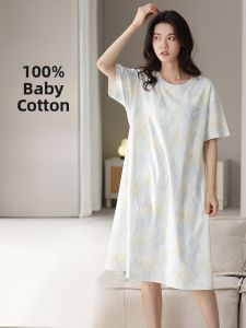 MiiOW | Pure Cotton Breathable Short Sleeve Sleep Dress Womens Summer Home Clothes Cat Person New 2025 Casual Mid-Length Dress