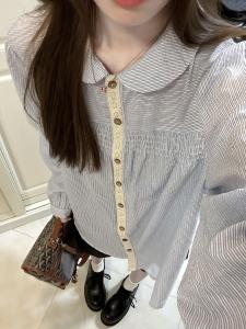 Korean Style Sweet Doll Collar Lace Patchwork Stripes Shirt Womens Autumn New Design Sense Preppy Style Long Sleeves Tops