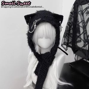 Women Punk Gothic Lolita Y2K Girl Cat Ear Knitted Hat Subculture Cute Warm Beanie Hat Autumn Winter Hip-hop Spike Hats Scarves