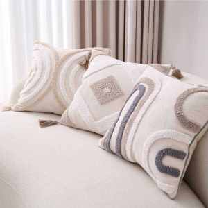Modern Simple Cotton Linen Sofa Living Room Pillow Bohemian Tassel Window Seat Cushion Cover Geometric Pattern Square Pillow