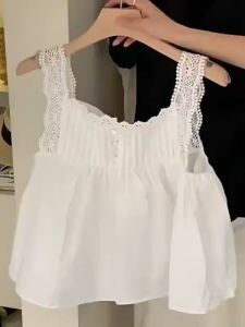 เสื้อชั้นในแขนสั้นสไตล์ฝรั่งเศสสำหรับผู้หญิงไซส์ใหญ่ในช่วงฤดูร้อน ทรงตรง สไตล์เกาหลี ผ้าฝ้ายผสมคอเหลี่ยม ความยาวปกติ