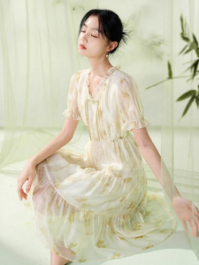 XIANGYING | Elegant Chinese Style V-Neck Floral Dress