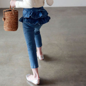Girls Denim Skirt Pants Spring Autumn New Korean Style Long Pants Butterfly Knot Jeans Skirt Fake Two-Piece Set Child Clothing