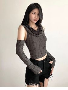 Short Sleeve T-Shirt Womens Summer Handmade Shoulder Bared Slim Fit Design Y2K Post-Apocalyptic Style with Hat Korean Version