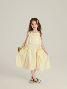 Summer Sweet Solid Color Sleeveless Vest Dress for Girls with Pocket Earlet Lace Trim Korean Style Childrens Clothing