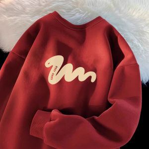 Year of the Snake Wine Red Sweatshirt Mens Autumn and Winter Ins Country Trendy Heavy Weight Loose Crew Neck Coat Tops
