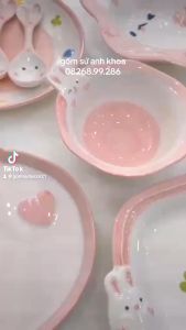 Bát Đĩa Gốm Sứ Decor Bát Ăn Cơm Bát Ăn Chè Chén Dĩa Dễ Thương Bộ Bát Đĩa Thỏ Hồng 3D Cực Đáng yêu...