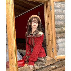 Red Sweet Style Winter Womens Off-Shoulder Cable Knit Sweater