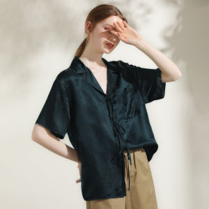 Miccbeirn | Miccbeirn Elegant V-neck Short Sleeve Embroidered Heavyweight Texture Womens Shirt Glossy 30-34 Years Old Commute Style Pure Color