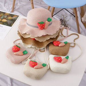 Kids Straw Hats Cute Casual Sweet Breathable Sunscreen Summer Beach Sun Hat Set With Sling Bag