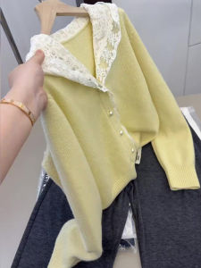 UYFY | เสื้อคาร์ดิแกนถักลายลูกไม้สีเหลืองสไตล์ฝรั่งเศสสำหรับผู้หญิง ทรงหลวม แขนยาว ปกโปโล ฤดูใบไม้ร่วง/ฤดูหนาว เสื้อตัวบนแฟชั่น