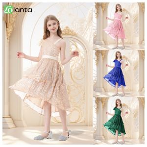 LOlanta Kids Girls Slanted Shoulder Dress Golden Pink Irregular Sequined Dress Birthday Perform Costume